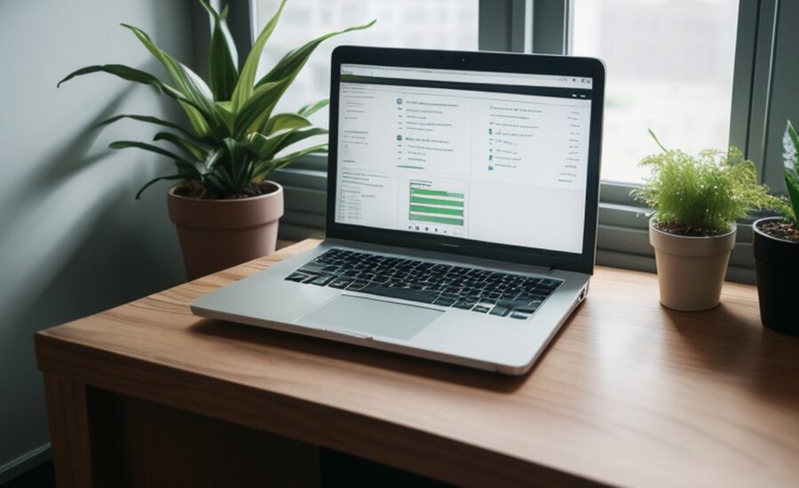 Laptop mit Website-Dashboard auf einem Holzschreibtisch am Fenster mit Pflanzen