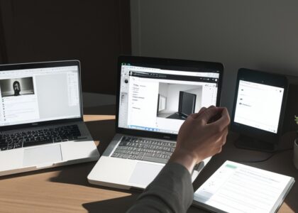 A hand next to laptops and a tablet showing app screens on a desk