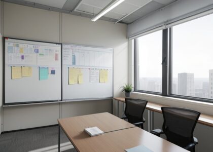 Besprechungsraum mit Whiteboard voller Haftnotizen mit Projektplan