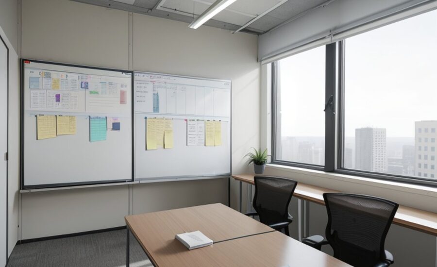 Besprechungsraum mit Whiteboard voller Haftnotizen mit Projektplan