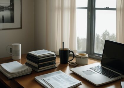 Schreibtisch mit Dokumentenstapeln, Laptop und Kaffeebecher im Morgenlicht