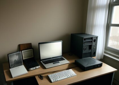 An old computer next to a modern laptop on a desk by the window