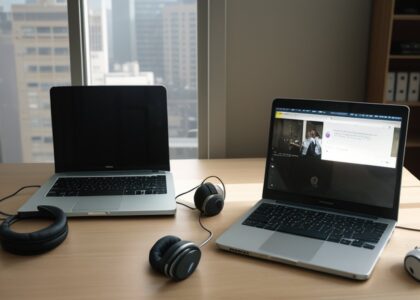 Two laptops and headphones on a desk in an office with a city view