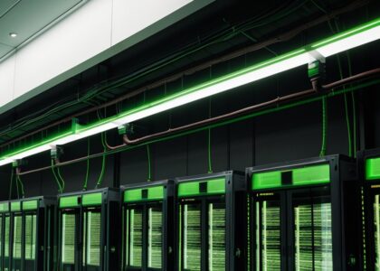 Server racks with green lights and cabling in a data center
