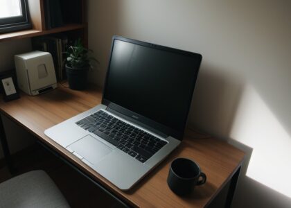 A laptop and a mug on a desk in soft shadow by a wall