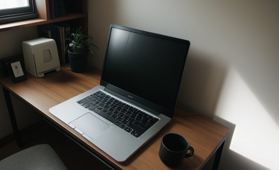Laptop und Becher auf einem Schreibtisch im Halbschatten an der Wand