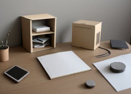 Cardboard mock-ups, a tablet and a notebook on a table in a design studio