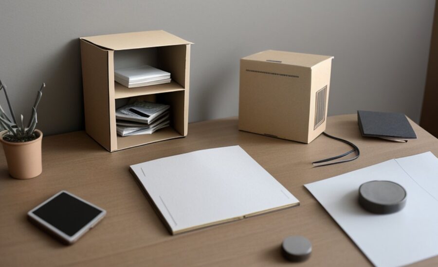 Cardboard mock-ups, a tablet and a notebook on a table in a design studio