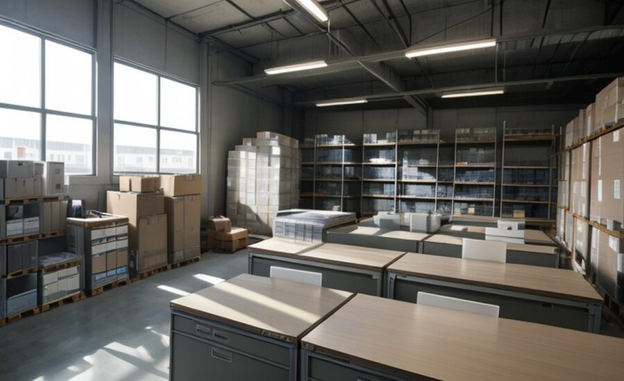 Desks in a warehouse hall with shelves full of boxes