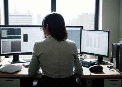 A person at a desk with several monitors, seen from behind