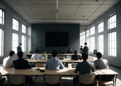 Ein Team an Tischen in einem hellen Raum mit großem Bildschirm