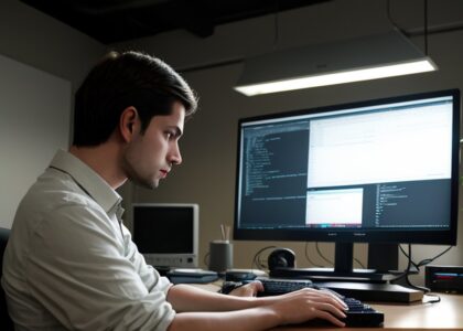 A developer writing code at a monitor in an office
