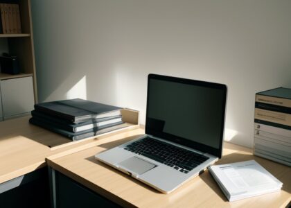 Binders with company documents next to a laptop on a desk