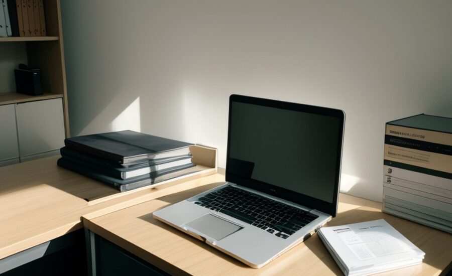 Binders with company documents next to a laptop on a desk