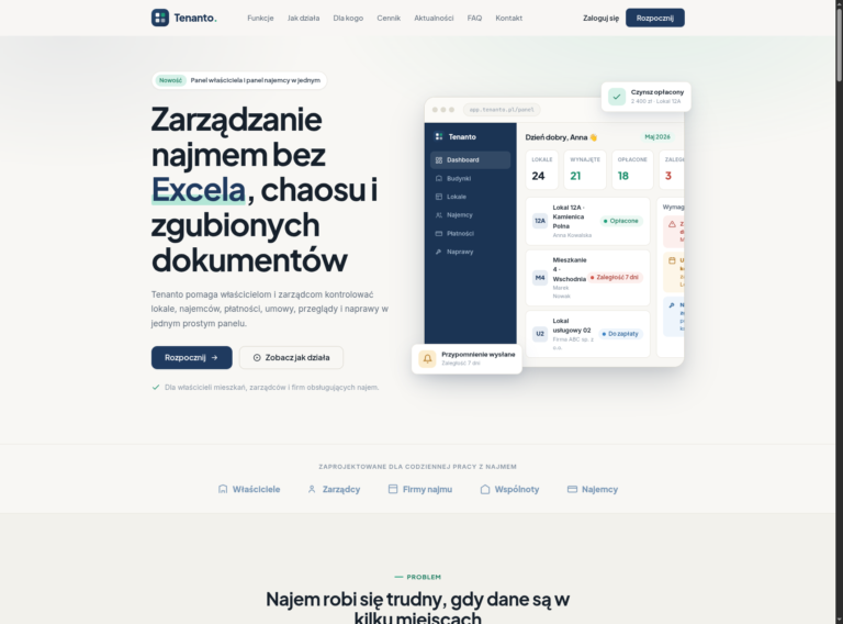 Tenanto: landing page produktu SaaS