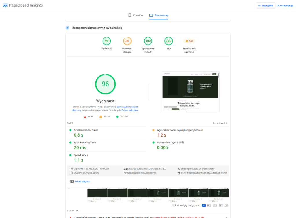 Precision Telemed 2.0 - wynik PageSpeed Insights (desktop)