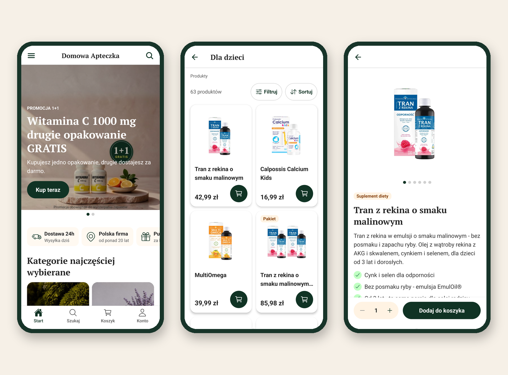 Domowa Apteczka mobile App - Startbildschirm, Kategorie und Produkt