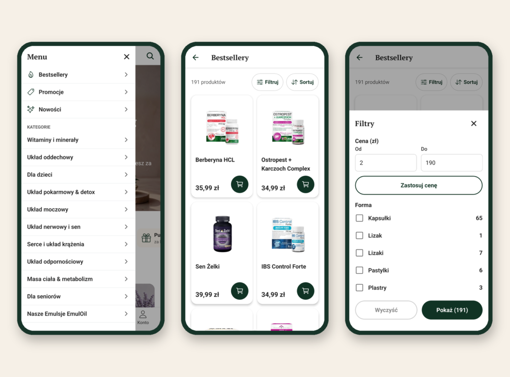 Domowa Apteczka mobile App - Kategoriemenü, Bestseller und Filter
