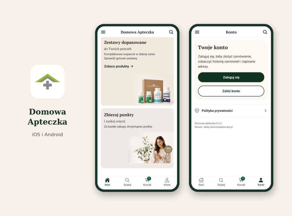 Domowa Apteczka mobile App - Startbildschirm und Kundenkonto