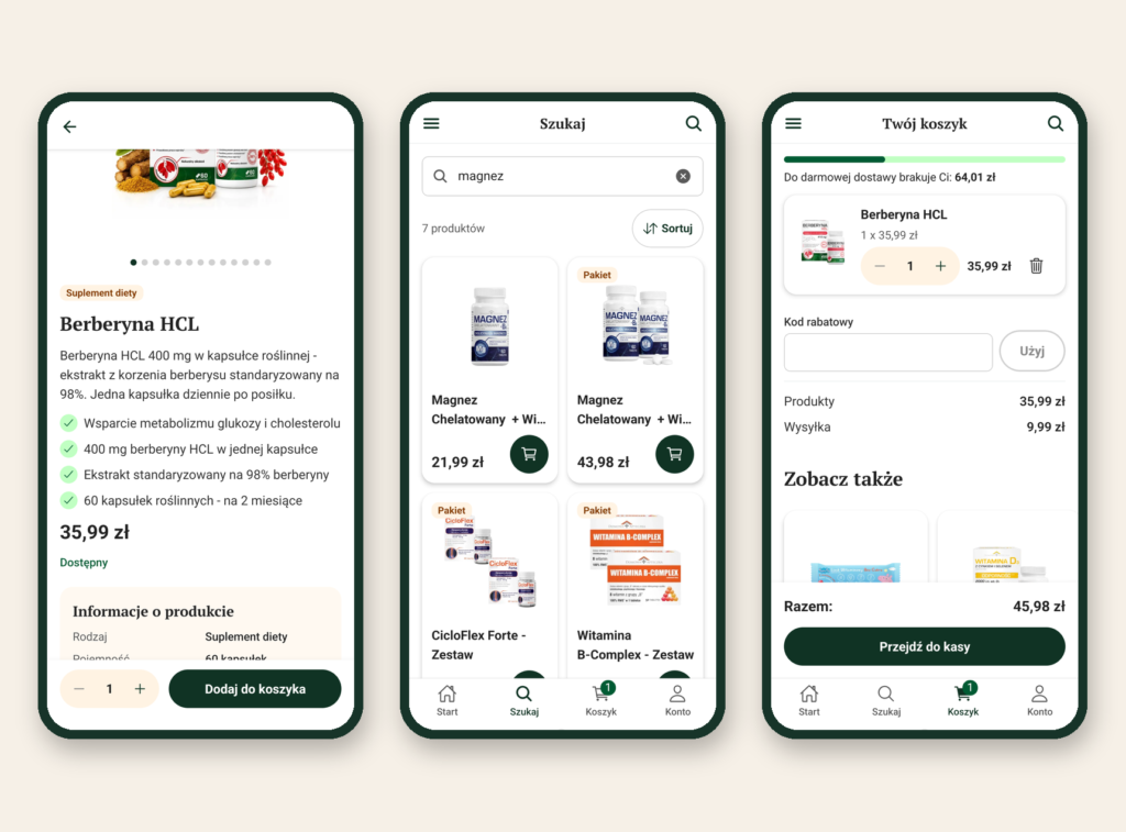 Domowa Apteczka mobile App - Produktdetails, Suche und Warenkorb